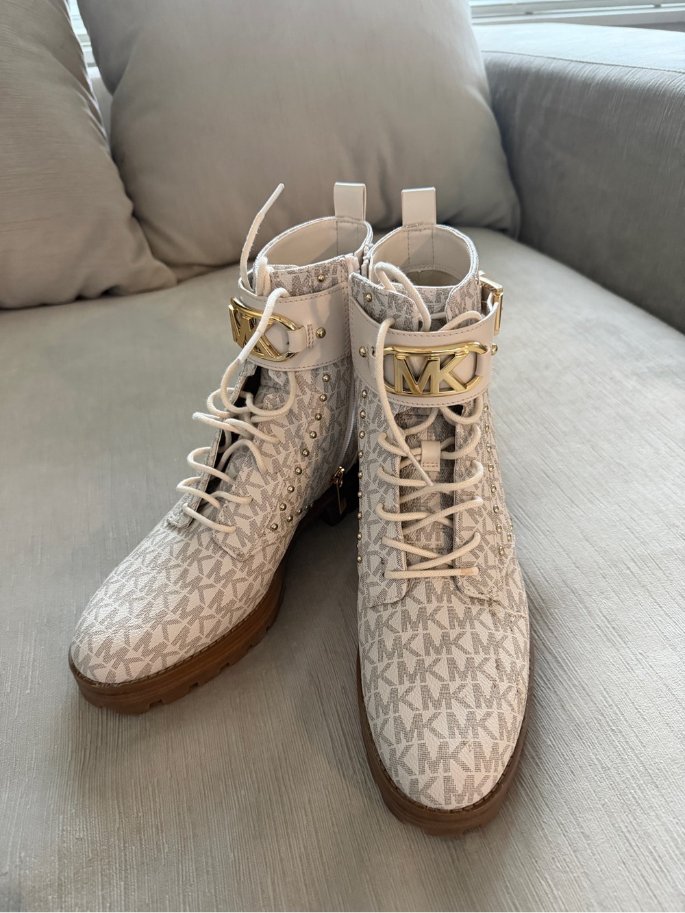 Michael Kors Cream/White MK Logo Lace-Up Boots with Gold Hardware